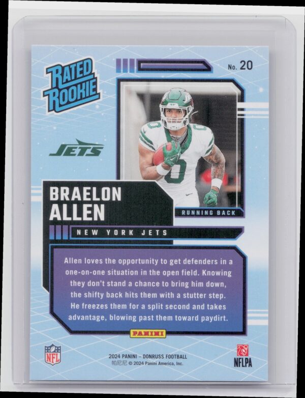 2024 Donruss Braelon Allen 20 Jets Rated Rookies Retro - Image 3
