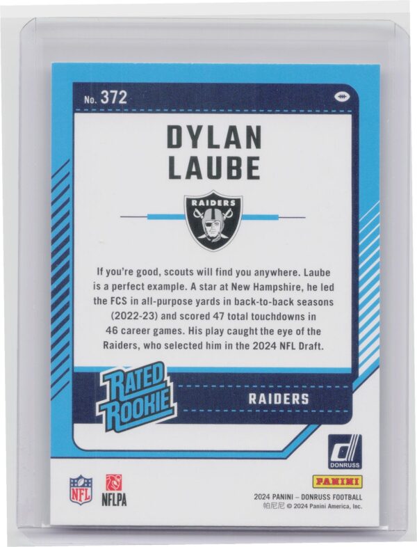 2024 Donruss Dylan Laube RC 372 Raiders - Image 3