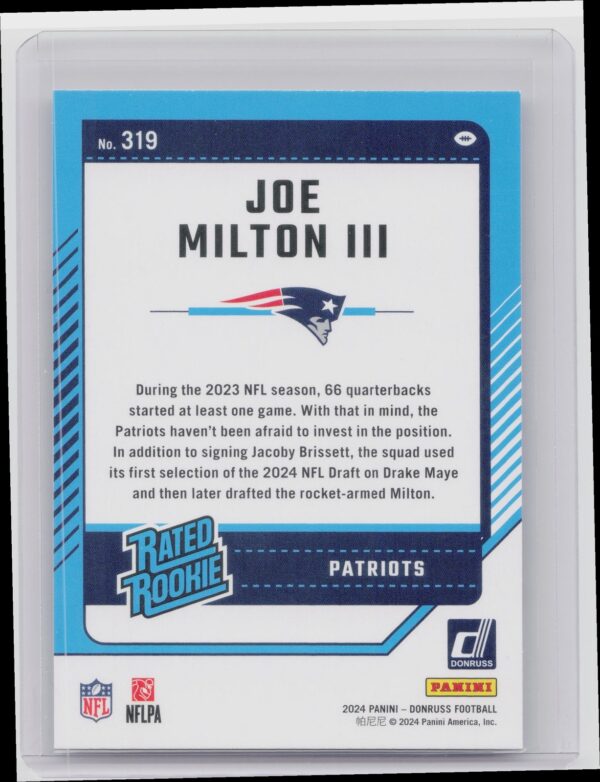 2024 Donruss Joe Milton III RC 319 Patriots - Image 3