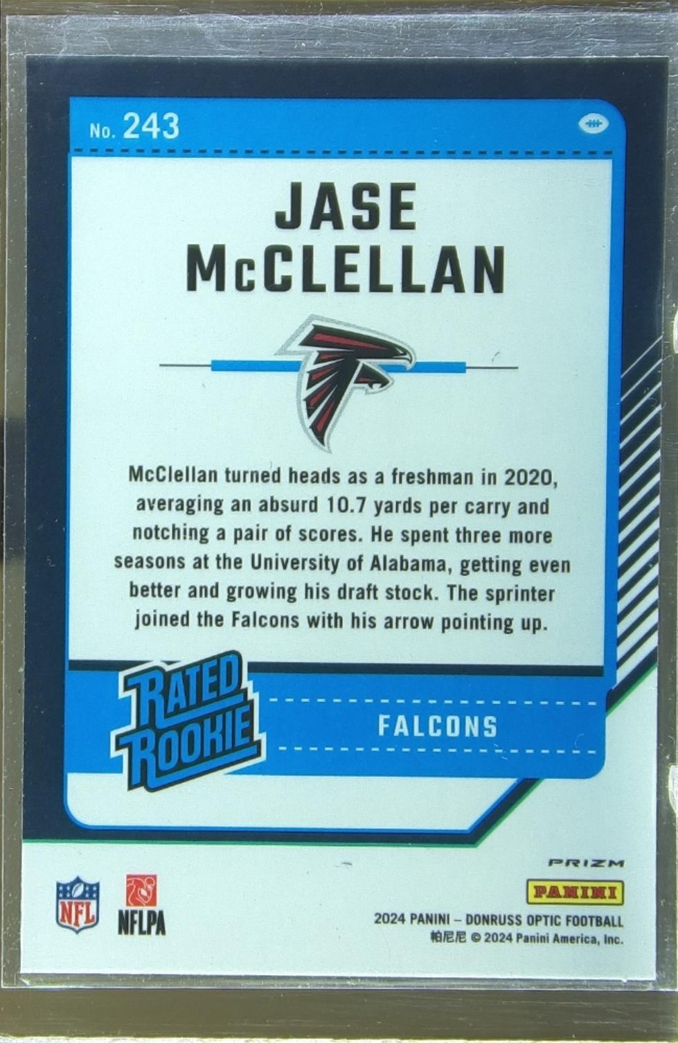 2024 Donruss Optic Jase McClellan Purple Shock RC #243 Falcons - Image 3