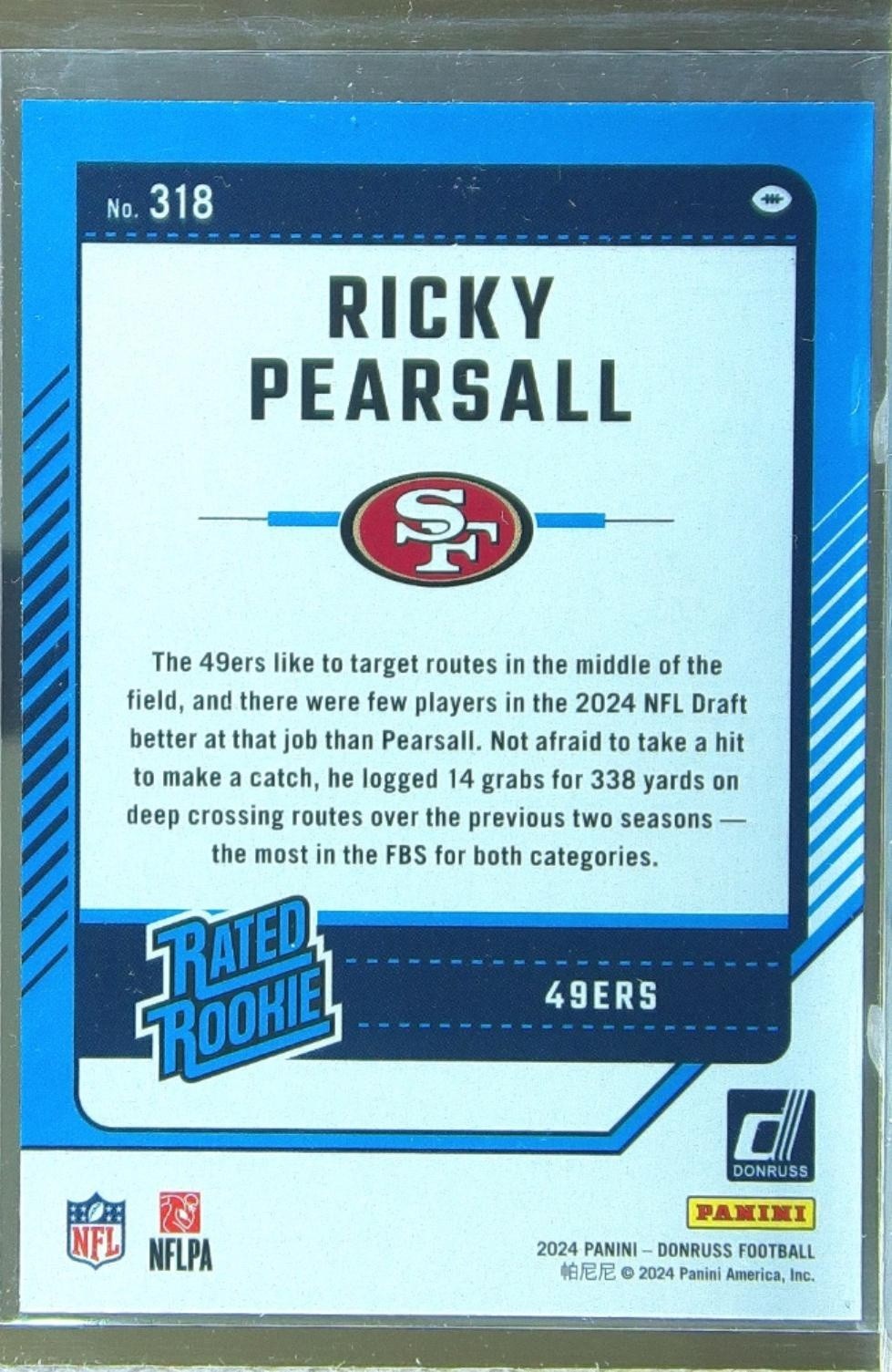 2024 Donruss Ricky Pearsall RC #318 49ers - Image 3