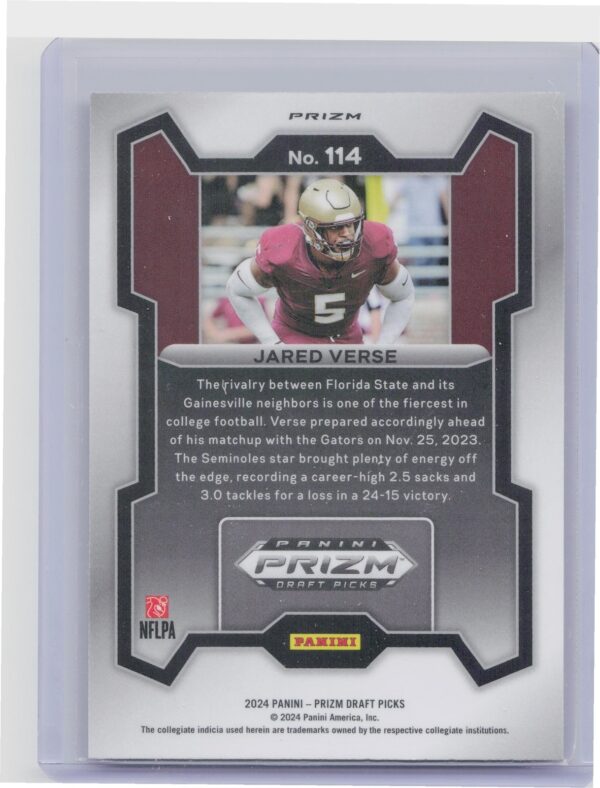 2024 Prizm Collegiate Draft Picks Jared Verse Purple Wave 114 Seminoles - Image 3