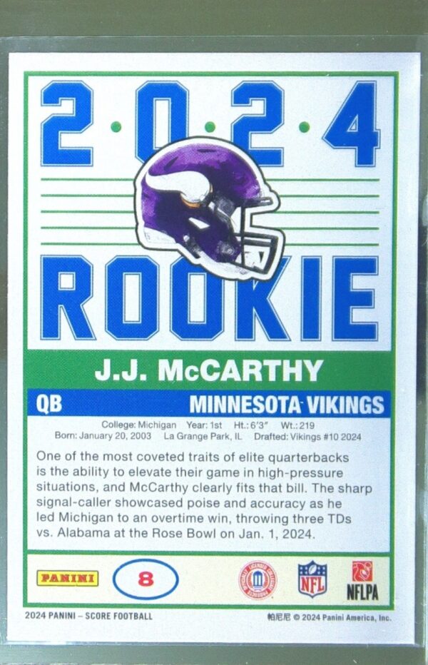 2024 Score J.J. McCarthy RC #8 Vikings 35th Anniversary Rookies - Image 3