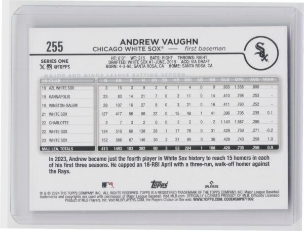 2024 Topps Andrew Vaughn Rainbow Foil #255 Sox - Image 3