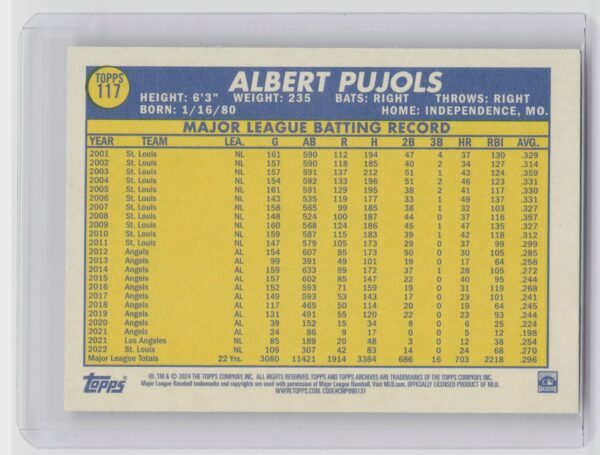 2024 Topps Archives Albert Pujols #117 Cardinals - Image 3