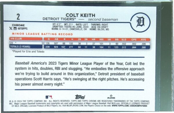2024 Topps Chrome Colt Keith X Fractors RC #2 Tigers - Image 3
