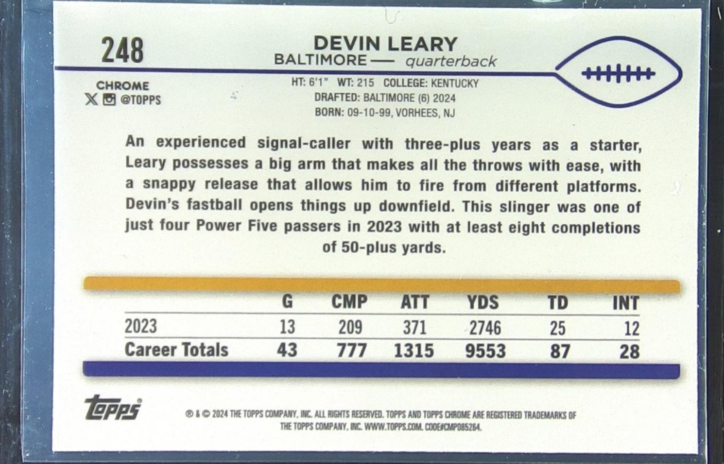 2024 Topps Chrome Devin Leary RC #248 Ravens - Image 3