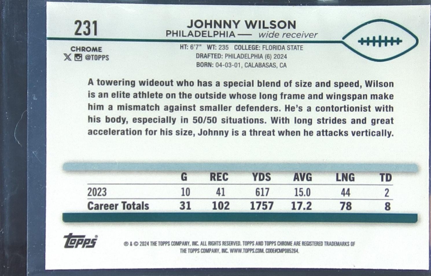 2024 Topps Chrome Johnny Wilson Prism Refractor RC #231 Eagles - Image 3