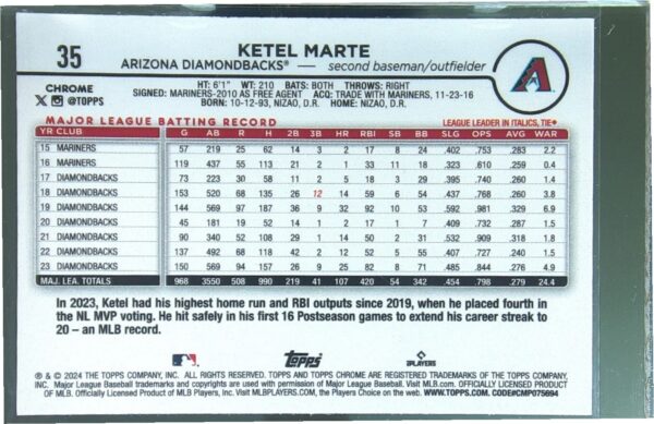2024 Topps Chrome Ketel Marte Raywave Refractors #35 Diamondbacks - Image 3