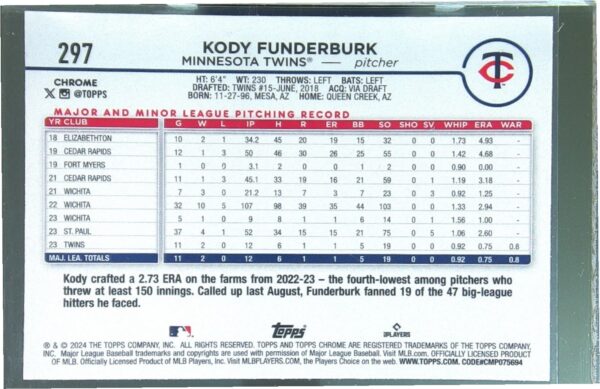 2024 Topps Chrome Kody Funderburk X Fractors #297 Twins - Image 3