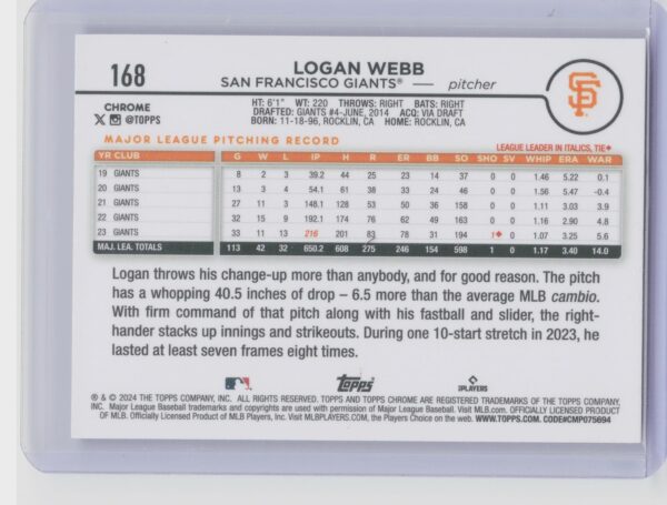 2024 Topps Chrome Logan Webb Purple Sonar Refractors /275 #168 Giants - Image 3