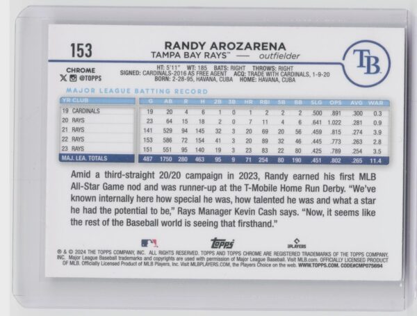 2024 Topps Chrome Randy Arozarena Raywave Refractors #153 Rays - Image 3