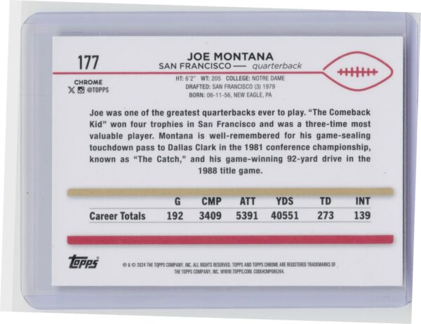 2024 Topps Chrome Sapphire Edition Joe Montana #177 49ers - Image 3