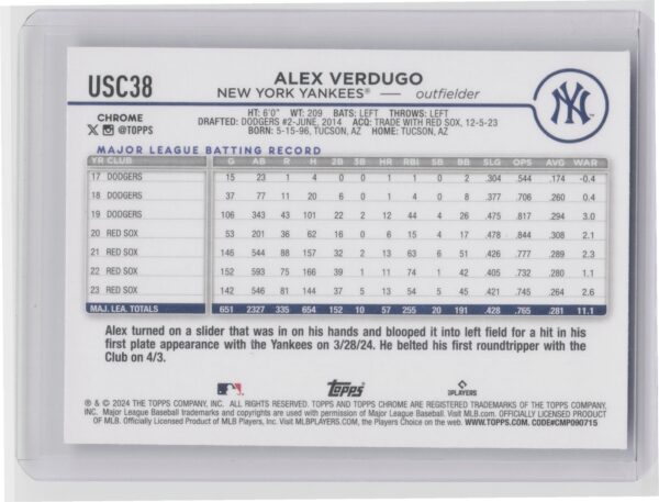 2024 Topps Chrome Update Alex Verdugo X Fractors #USC38 Yankees - Image 3