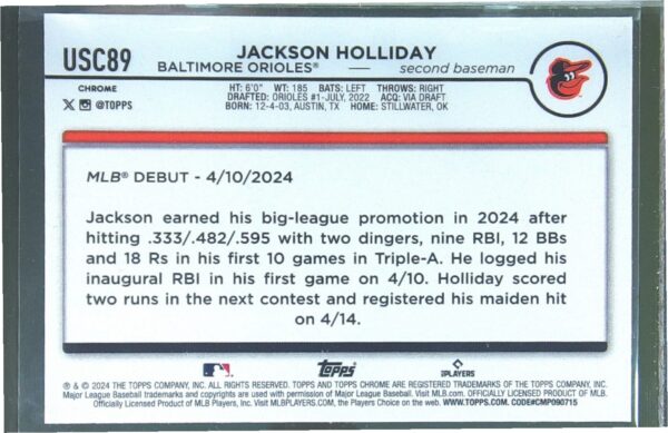 2024 Topps Chrome Update Jackson Holliday RC #USC89 Orioles - Image 3