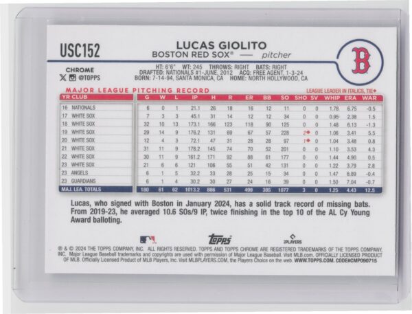 2024 Topps Chrome Update Lucas Giolito X Fractors #USC152 Sox - Image 3