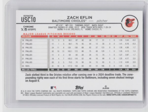 2024 Topps Chrome Update Zach Eflin #USC10 Orioles - Image 3