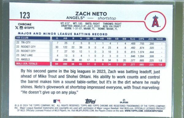 2024 Topps Chrome Zach Neto Raywave Refractors #123 Angels - Image 3