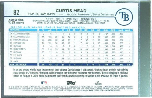 2024 Topps Curtis Mead Royal Blue RC #82 Rays - Image 3