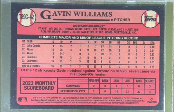 2024 Topps Gavin Williams RC #T89C-42 Guardians Mojo - Image 3