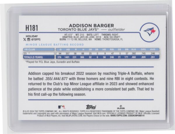 2024 Topps Holiday Addison Barger Rookie H181 Blue Jays - Image 3