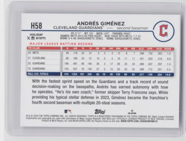 2024 Topps Holiday Andres Gimenez Holiday Tree #H58 Guardians - Image 3