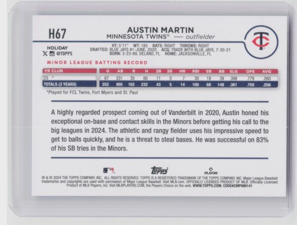 2024 Topps Holiday Austin Martin Rookie H67 Twins - Image 3
