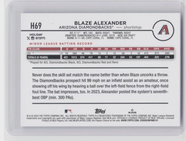 2024 Topps Holiday Blaze Alexander RC #H69 Diamondbacks - Image 3