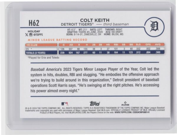 2024 Topps Holiday Colt Keith Rookie H62 Tigers - Image 3