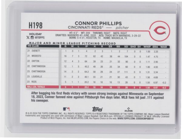 2024 Topps Holiday Connor Phillips Rookie H198 Reds - Image 3