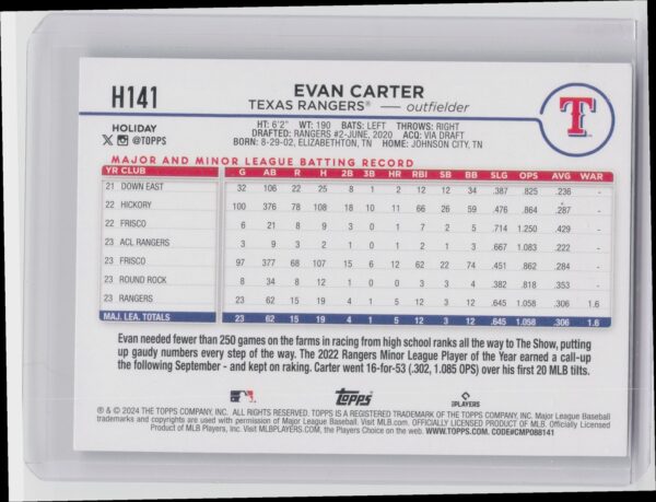 2024 Topps Holiday Evan Carter Holiday Tree Blue Metallic #H141 Rangers - Image 3