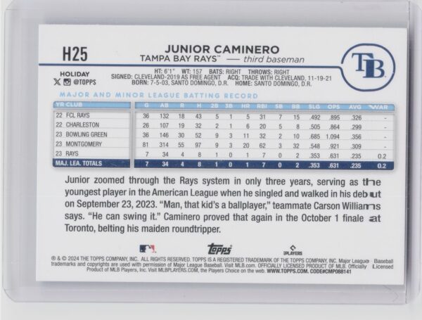 2024 Topps Holiday Junior Caminero RC #H25 Rays - Image 3