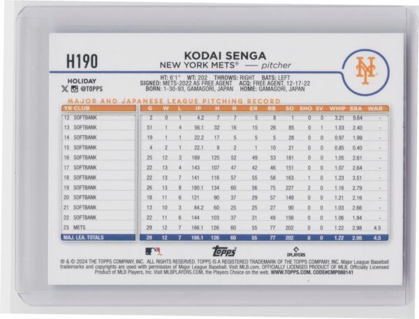 2024 Topps Holiday Kodai Senga #H190 Mets - Image 3