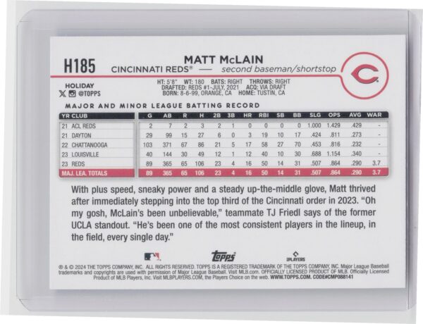 2024 Topps Holiday Matt McLain #H185 Reds - Image 3