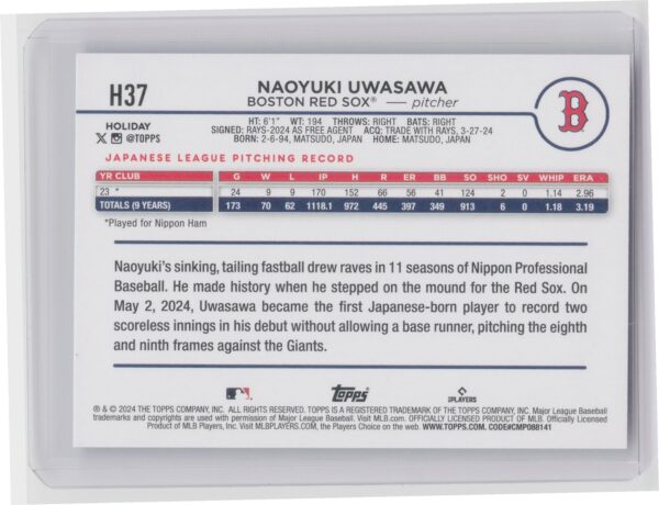2024 Topps Holiday Naoyuki Uwasawa Rookie H37 Red Sox - Image 3