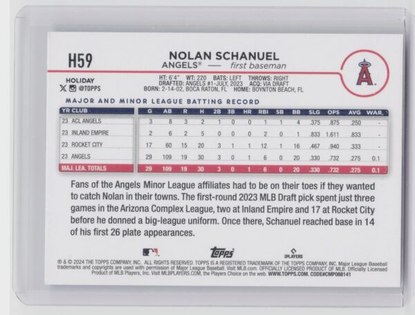 2024 Topps Holiday Nolan Schanuel RC #H59 Angels - Image 3