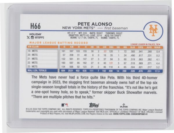 2024 Topps Holiday Pete Alonso #H66 Mets - Image 3