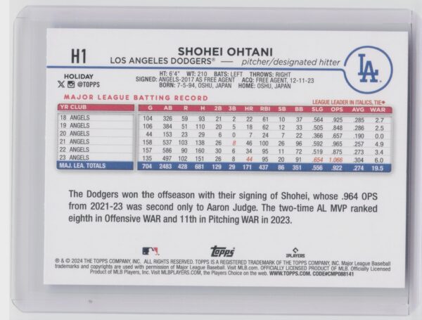 2024 Topps Holiday Shohei Ohtani #H1 Dodgers - Image 3