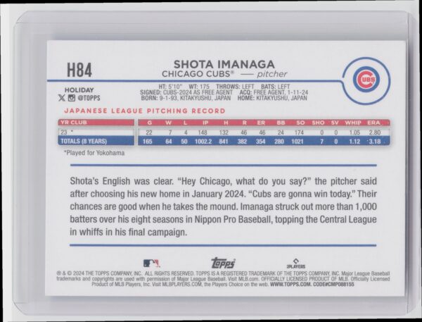 2024 Topps Holiday Shota Imanaga RC #H84 Cubs - Image 3