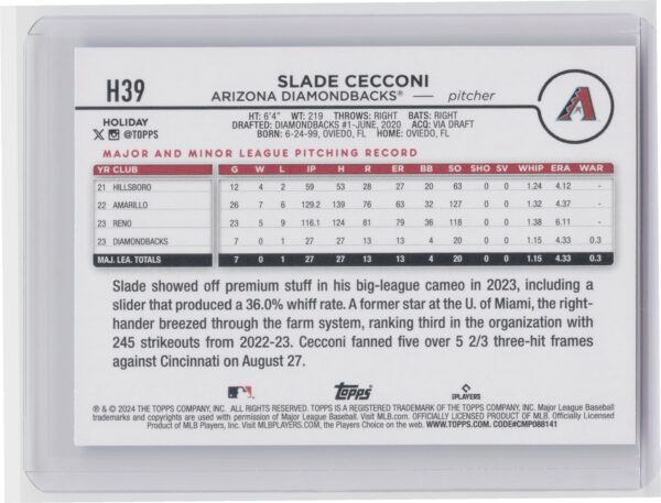 2024 Topps Holiday Slade Cecconi Rookie H39 Diamondbacks - Image 3