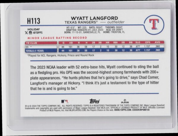 2024 Topps Holiday Wyatt Langford Reindeer Antlers VAR SP #H113 Rangers - Image 3