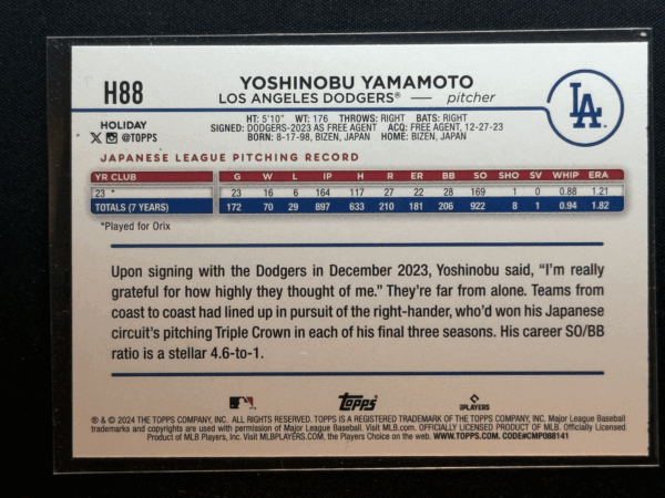2024 Topps Holiday Yoshinobu Yamamoto Rookie RC Dodgers H88 - Image 3