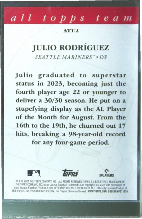 2024 Topps Julio Rodriguez #ATT-2 Mariners 2023 All Topps Team - Image 3