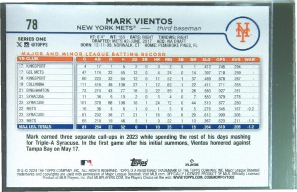 2024 Topps Mark Vientos Royal Blue #78 Mets - Image 3