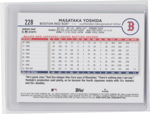 2024 Topps Masataka Yoshida #228 Red Sox - Image 3