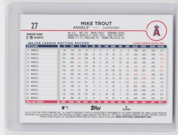 2024 Topps Mike Trout #27 Angels - Image 3