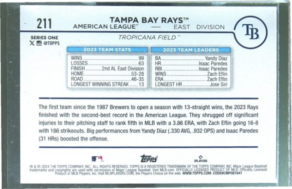 2024 Topps Tampa Bay Rays Holiday #211 Rays - Image 3