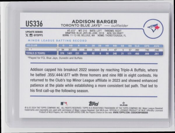 2024 Topps Update Addison Barger RC #US336 Jays - Image 3