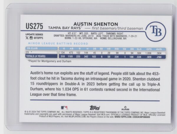 2024 Topps Update Austin Shenton RC #US275 Rays - Image 3