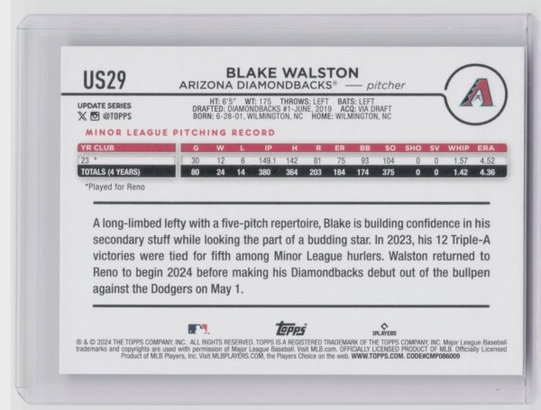 2024 Topps Update Blake Walston RC #US29 Diamondbacks - Image 3
